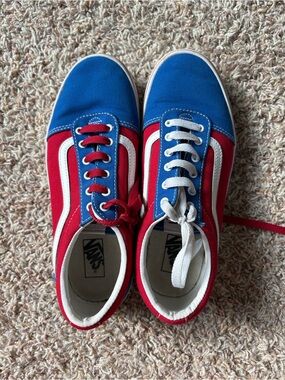 Vans Two-Tone Red & Blue Canvas Sneakers with White Stripe
